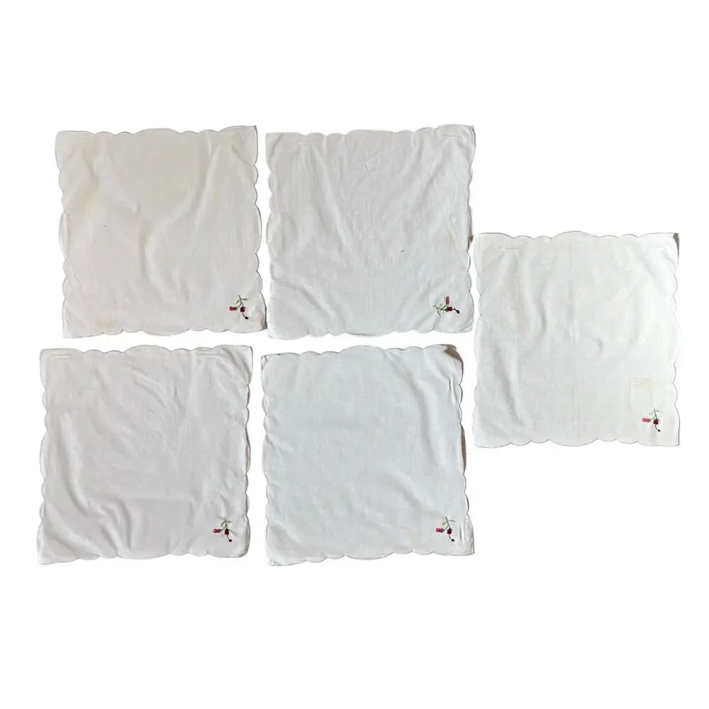 Vintage 5pc Cloth Napkins White Cotton Red Floral Rose Embroidery AS IS 15